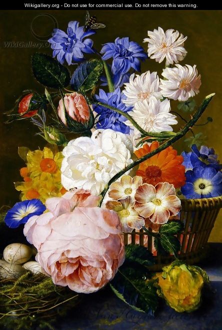 Roses morning glory narcissi aster and other flowers in a basket with eggs in a nest on a marble ledge - Jan Van Huysum