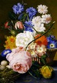 Roses morning glory narcissi aster and other flowers in a basket with eggs in a nest on a marble ledge - Jan Van Huysum