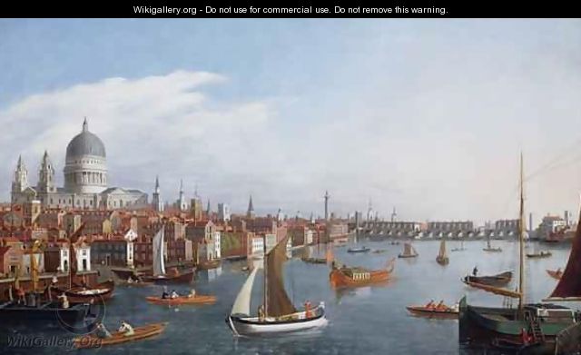 View of the River Thames with St Pauls and Old London Bridge - William James