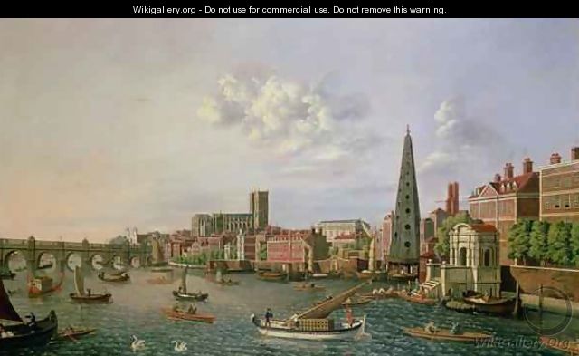 A View of the River Thames at York Steps with Westminster Abbey beyond - William James