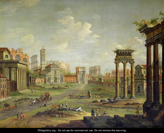 The Campo Vaccino Rome Looking Towards St Francesca Romana and the Arch of Titus from the Temple of Saturn - Antonio Joli The Campo Vaccino Rome Looking Towards St Francesca Romana and the Arch of Titus from the Temple of Saturn - Antonio Joli