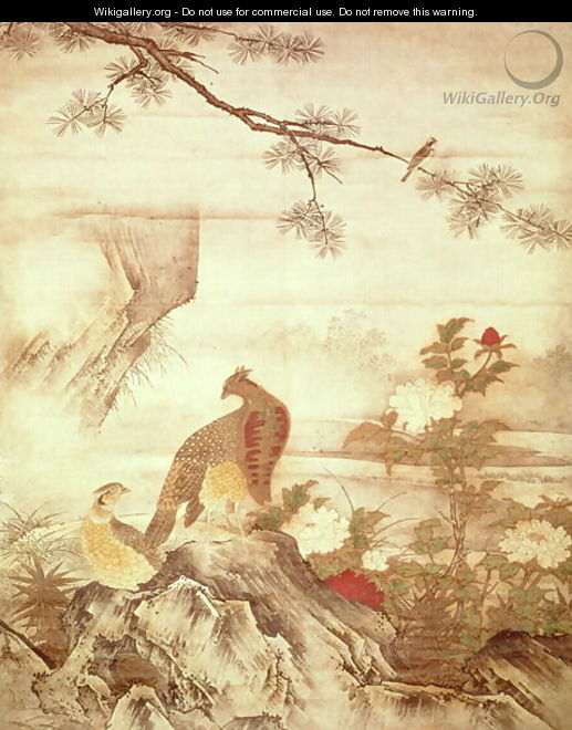 Pheasants and peonies - Motonobu Kano