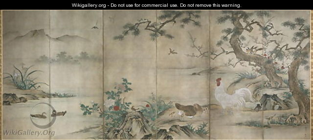 Birds and Flowers six panel folding screen Muromachi period - Shoei Kano