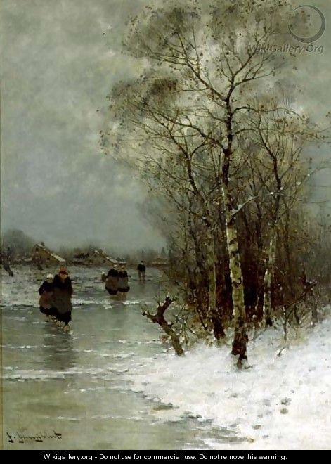 Girls Walking on a Frozen River - Johann II Jungblut