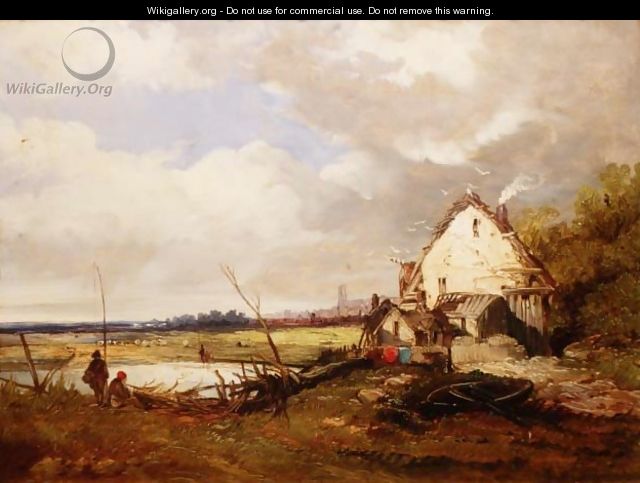Anglers by a Cottage on a River Bank - James Holland