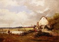 Anglers by a Cottage on a River Bank - James Holland