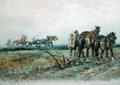 Racehorses at Exercise Watched by Ploughmen - Gilbert Holiday