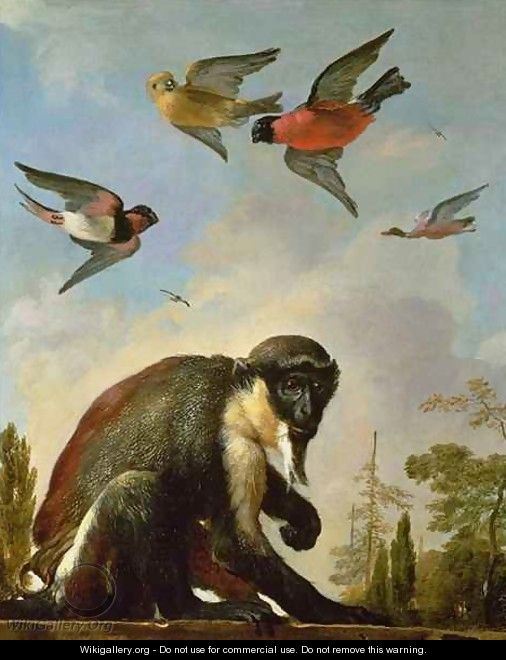 Chained monkey in a landscape - Melchior de Hondecoeter