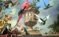 Scarlet Macaw perched on an urn with other birds and a monkey eating grapes - (attr. to) Hondecoeter, Melchior de