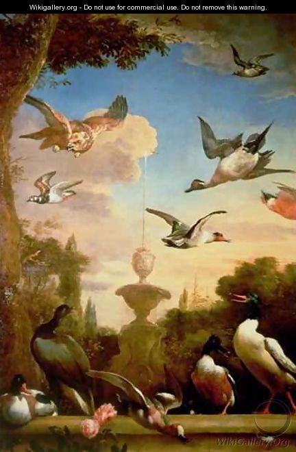 A Mallard and a Golden Eagle in a Classical Garden Landscape - Melchior de Hondecoeter