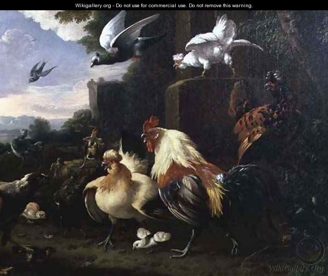 A cockerel and other fowl in a landscape - Melchior de Hondecoeter