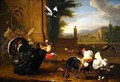 A Turkey Cock and Cockerel and other exotic fowl in a park setting - Melchior de Hondecoeter