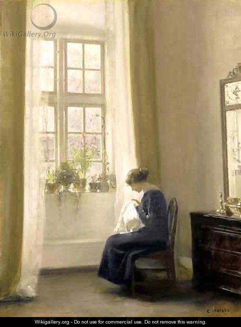 A Girl Sewing in an Interior - Carl Vilhelm Holsoe