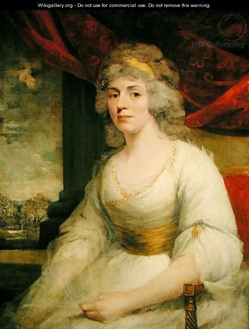 Portrait of Mrs Billington seated three quarter length in a white dress - John Hoppner