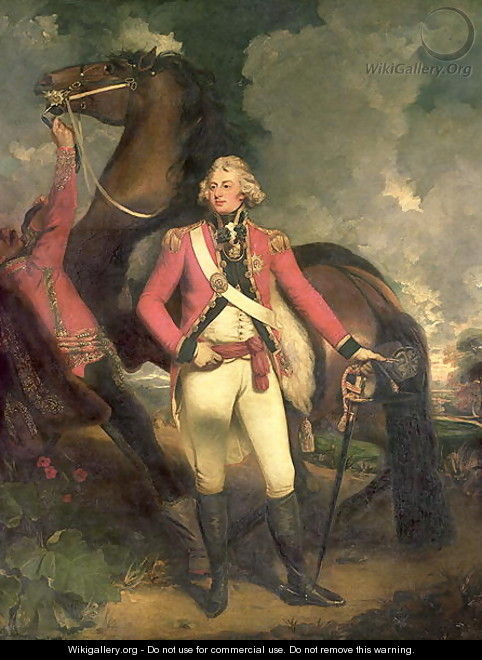 Portrait of HRH Frederick Augustus Duke of York in the uniform of the Colonel of the Coldstream Guards with charger held by a hussar - John Hoppner