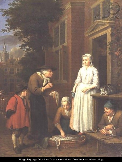 Fishmongers and a cobbler outside a town house - Peter Jacob Horemans
