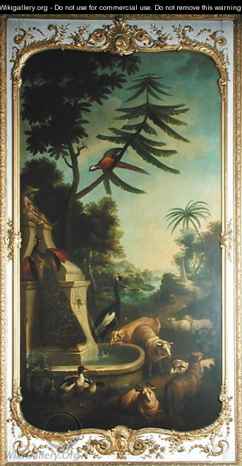 A Crested Crane a Peacock a Macaw a Shelduck and Markhors panel from the bedroom of Louis Henri I 1692-1740 Prince de Conde - Christophe Huet