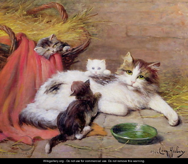 Cat with kittens - Leon Charles Huber