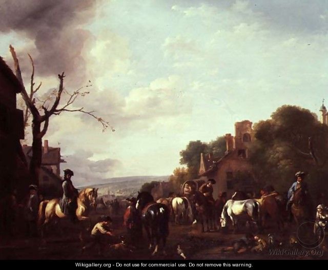 Horsemen and Travellers halted in a village - or Huchtenburgh, Jan van Huchtenberg
