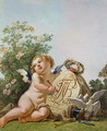 Cupid commemorating a marriage by Incising on a a Tablet the interlaced initials FT and RC - Jean-Baptiste Huet