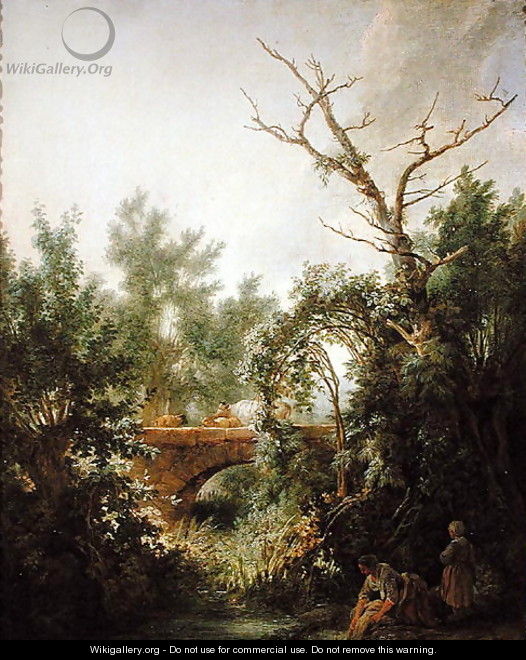 Peasant Woman Washing Clothes near a Bridge - Jean-Baptiste Huet