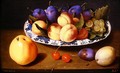 Still life of peaches and plums in a blue and white dish on a table top - Jacob van Hulsdonck