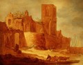 A ruined abbey by a waterway with peasants and cattle in the foreground - Frans de Hulst