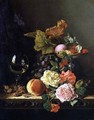 A Wine Glass Grapes Nuts and Roses on a Ledge - Edward Ladell