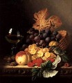 A Basket of Grapes Raspberries a Peach and A Wine Glass on a Table - Edward Ladell