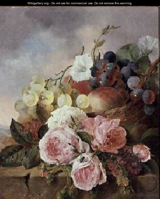 Still life of fruit and roses on a ledge - Edward Ladell