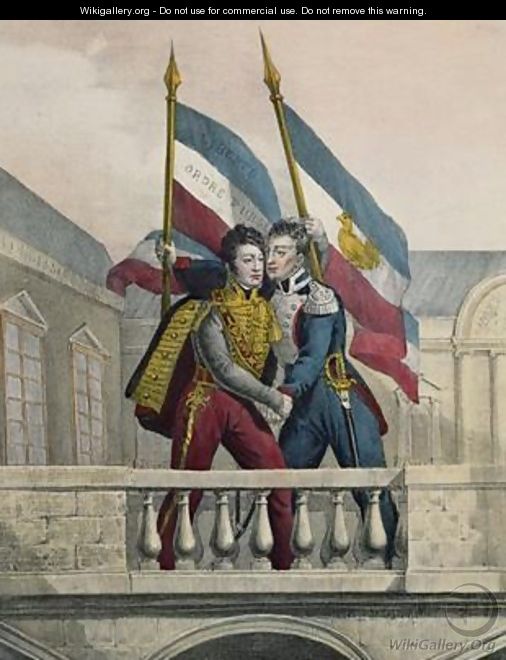 The Duke of Orleans embracing General La Fayette and raising the national colours on the terrace of the Palais Royal - (after) Labastide