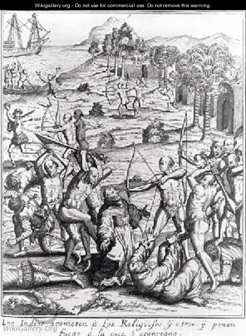 The Indians attacking the priests and others and setting fire to their houses - (after) Le Moyne, Jacques (de Morgues)