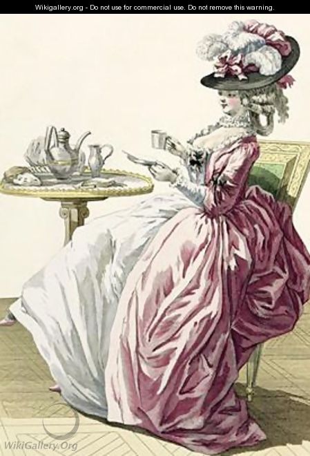 Elegant Woman in a Dress a lAnglaise Drinking Coffee - (after) Le Clerc, Pierre Thomas