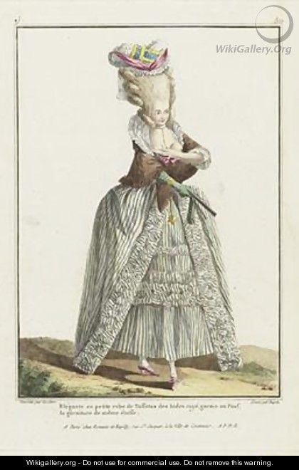 Elegant Woman in pin striped Dress of Indian Taffeta - (after) Le Clerc, Pierre Thomas