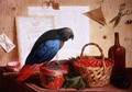 Trompe Loeil with Still Life of Strawberries and a Parrot - Sebastiano Lazzari