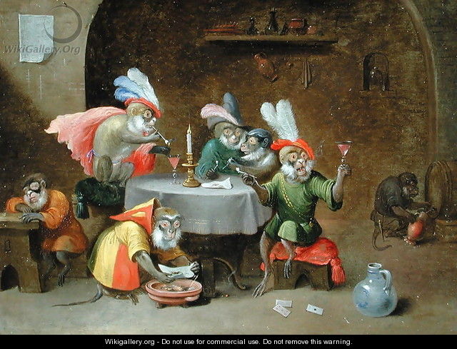 A Tavern Interior with Monkeys drinking and smoking - Ferdinand van Kessel