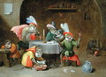 A Tavern Interior with Monkeys drinking and smoking - Ferdinand van Kessel