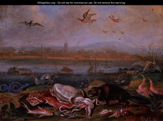 Creatures from the four continents in a landscape with a view of Canton in the background - Ferdinand van Kessel