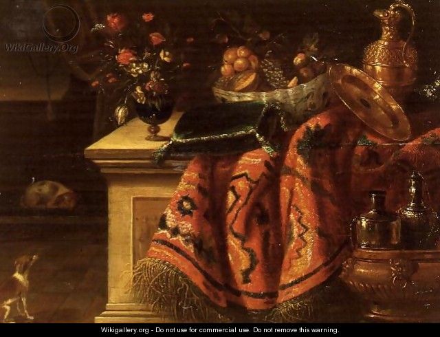 A still life with a vase of flowers fruit in a bowl a silver gilt ewer and plate and a cushion - (attr. to) Kessel, Jan van