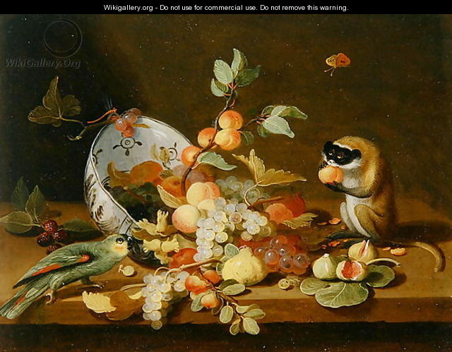 Grapes and Peaches Spilling from an Overturned Delft Bowl - (attr. to) Kessel, Jan van
