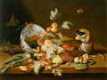 Grapes and Peaches Spilling from an Overturned Delft Bowl - (attr. to) Kessel, Jan van