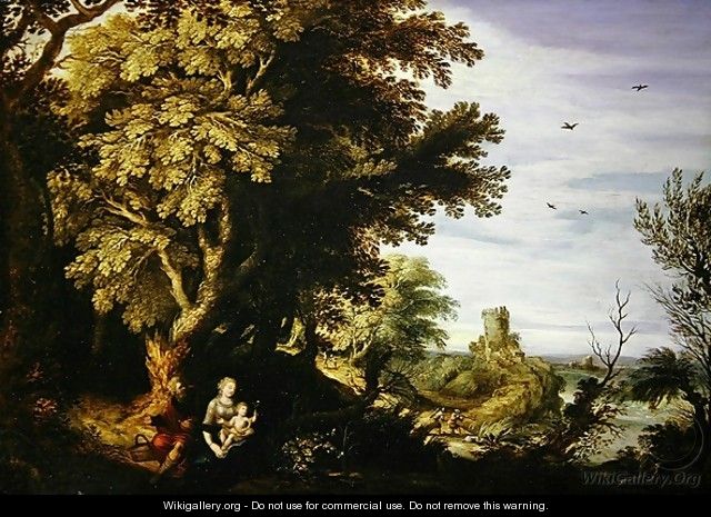 A wooded landscape with a Rest on the Flight to Egypt - Alexander Keirincx