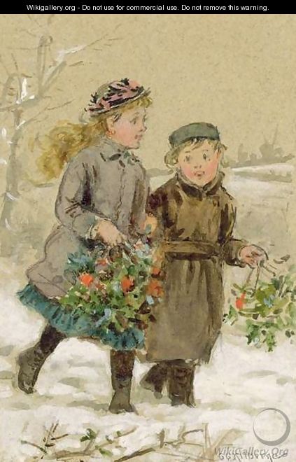 Children Playing in the Snow Collecting Holly - George Goodwin Kilburne