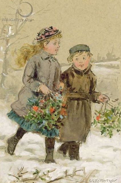 Children Playing in the Snow Collecting Holly - George Goodwin Kilburne