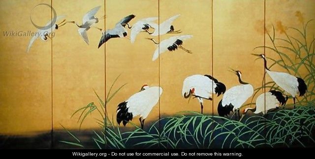 Six Fold Screen Depicting Reeds and Cranes Edo period Japanese - Suzuki Kiitsu