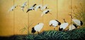 Six Fold Screen Depicting Reeds and Cranes Edo period Japanese - Suzuki Kiitsu