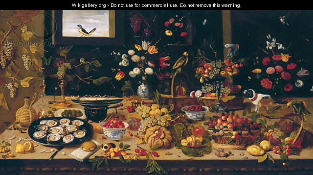 Table Covered with Vases of Flowers Baskets and Plates of Fruit and Small Animals - Jan van Kessel