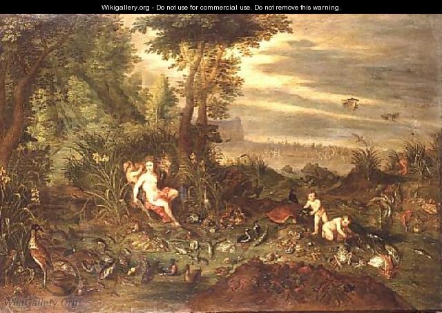 An Allegory of water a sea nymph by a reedy shore with Fish Shells and Birds nearby the Triumph of Amphitrite beyond - Jan van Kessel