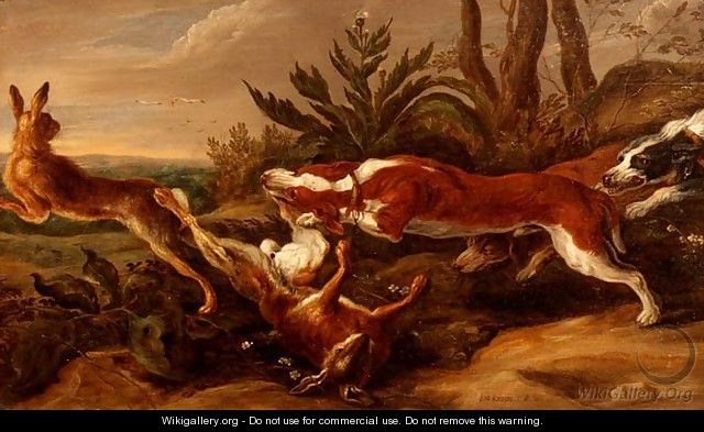 Hounds chasing hares in a landscape - Jan van Kessel