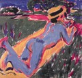 Blue Reclining Nude with a Straw Hat - Ernst Ludwig Kirchner